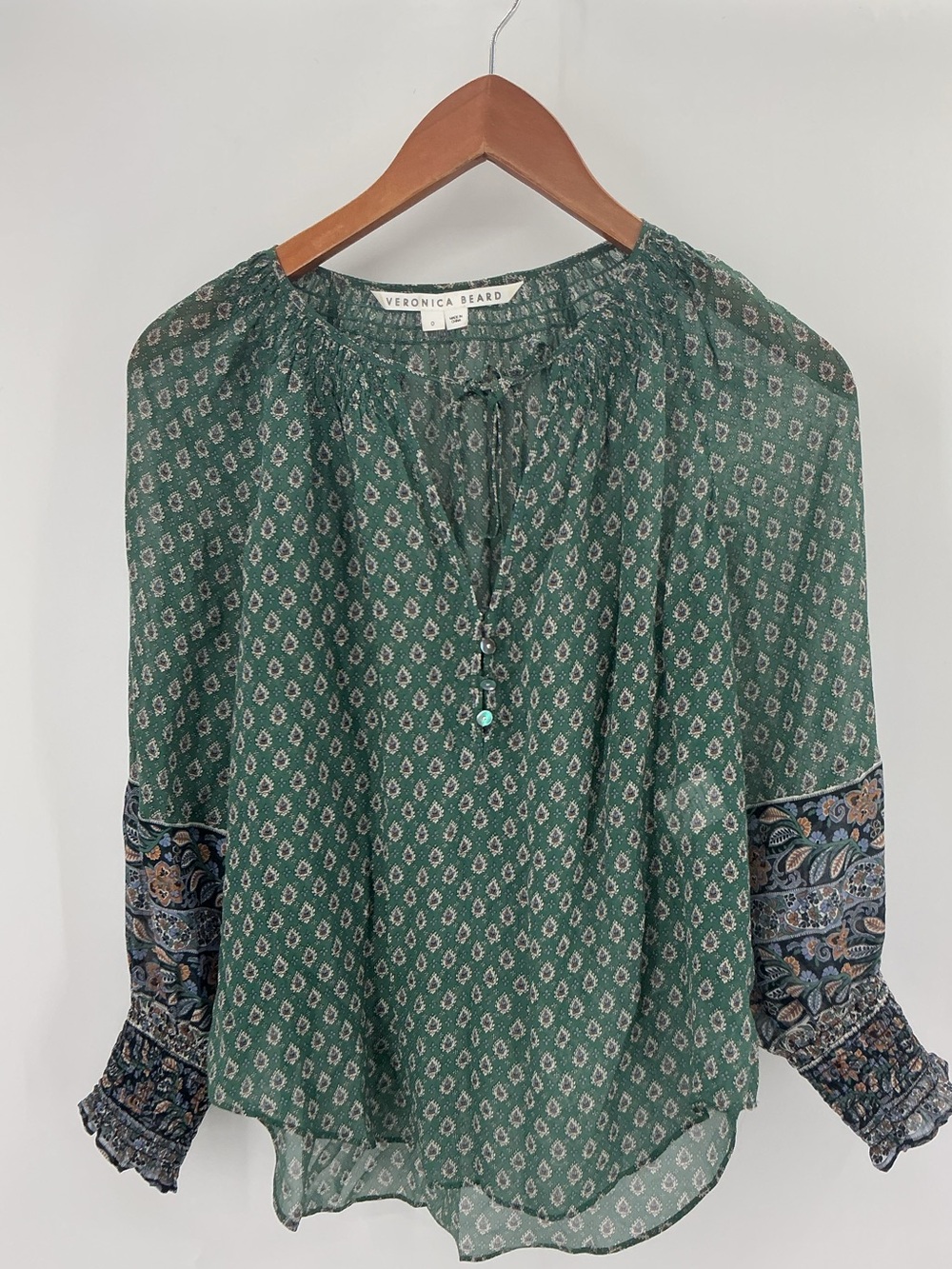 Veronica Beard Amato Paisley Balloon Sleeve Silk Blouse Seaglass Size 0